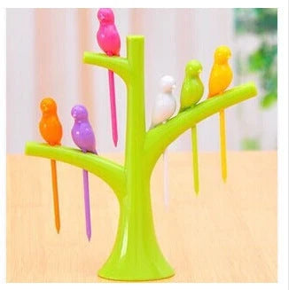 Kids' plastic fruit fork set with tree and birds design in vibrant colours