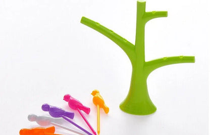 Kids' plastic fruit fork set with tree and birds design in vibrant colours