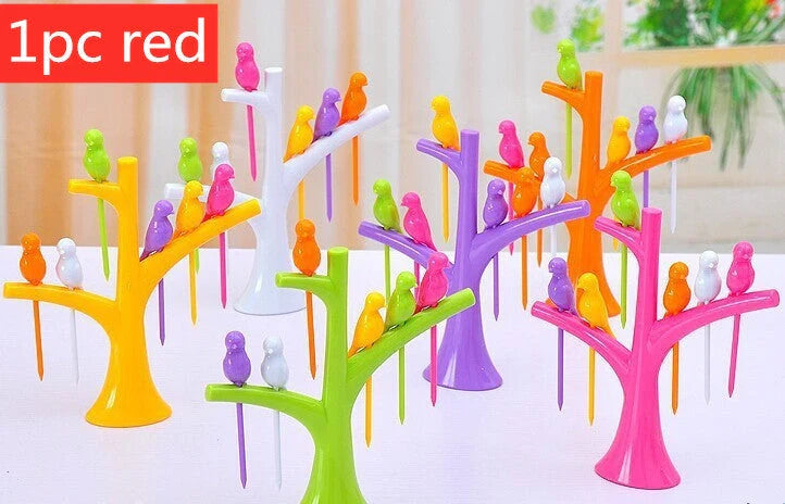 Kids' plastic fruit fork set with tree and birds design in vibrant colours