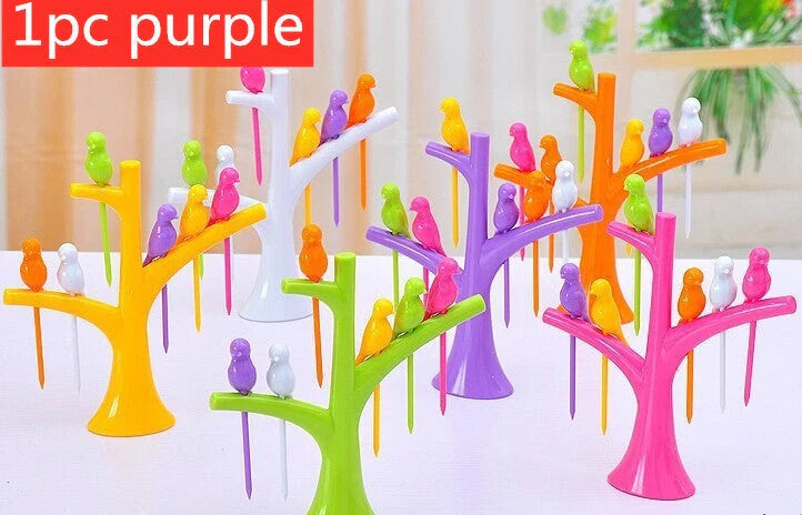 Kids' plastic fruit fork set with tree and birds design in vibrant colours