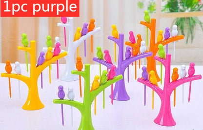 Kids' plastic fruit fork set with tree and birds design in vibrant colours