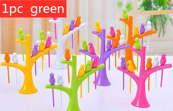 Kids' plastic fruit fork set with tree and birds design in vibrant colours