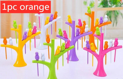 Kids' plastic fruit fork set with tree and birds design in vibrant colours