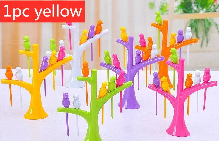 Kids' plastic fruit fork set with tree and birds design in vibrant colours