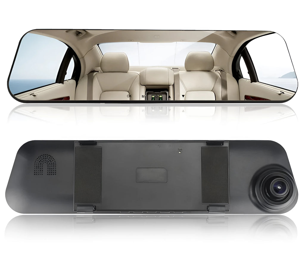 White glass mirror driving recorder with 140 degree angle mounted over car rearview mirror