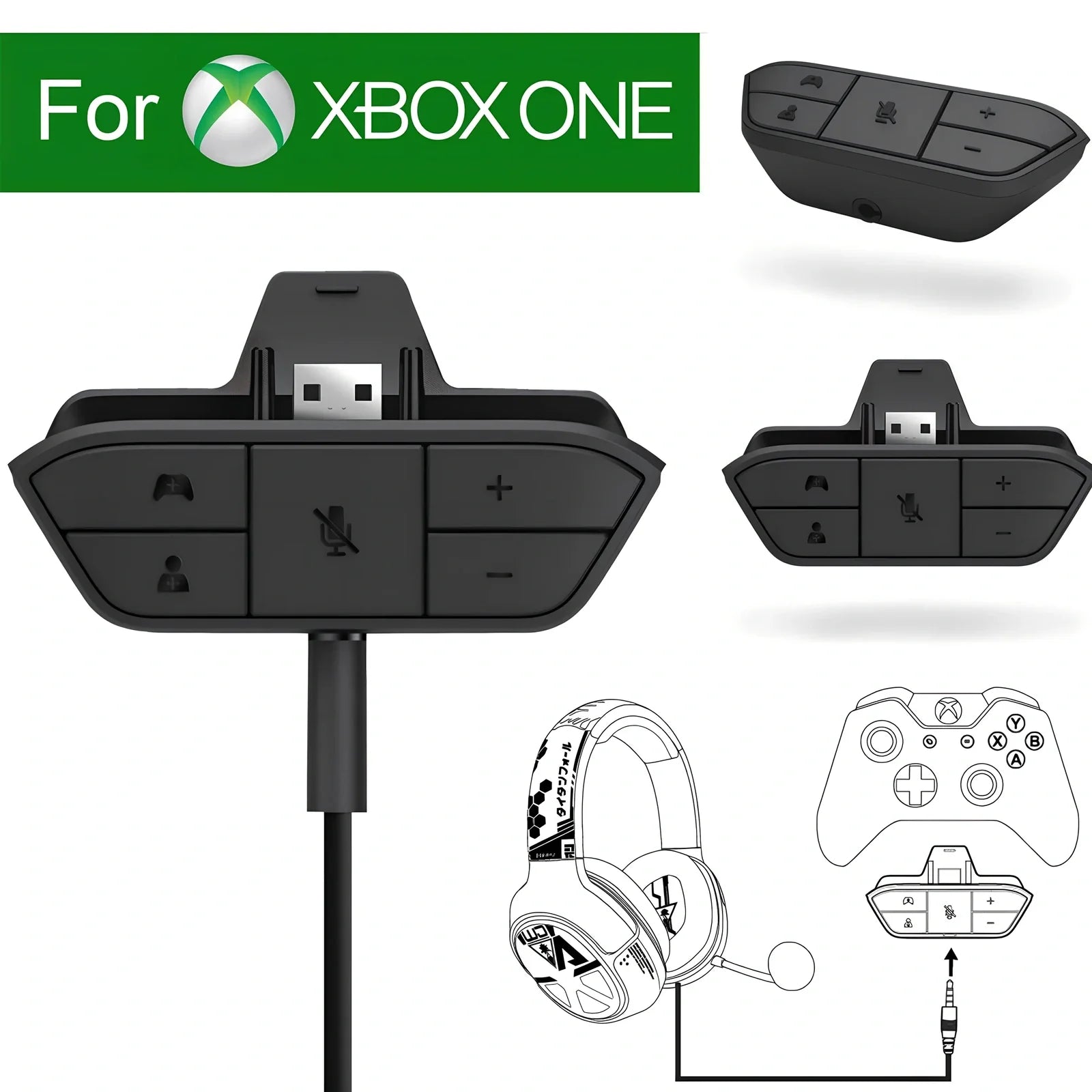 Black XBOX ONE headphone adapter converter with 3.5mm stereo interface, sized 8x5x2.5 cm for single headset use