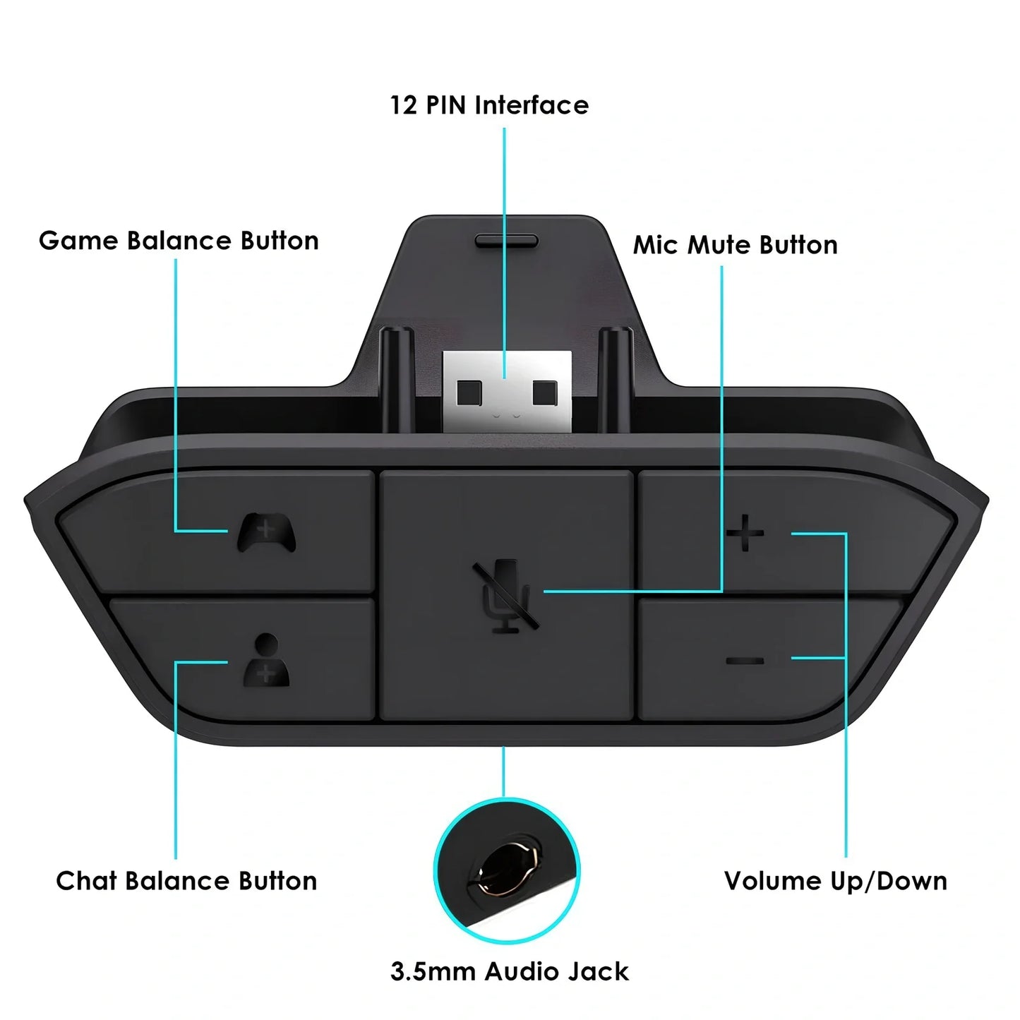 Black XBOX ONE headphone adapter converter with 3.5mm stereo interface, sized 8x5x2.5 cm for single headset use