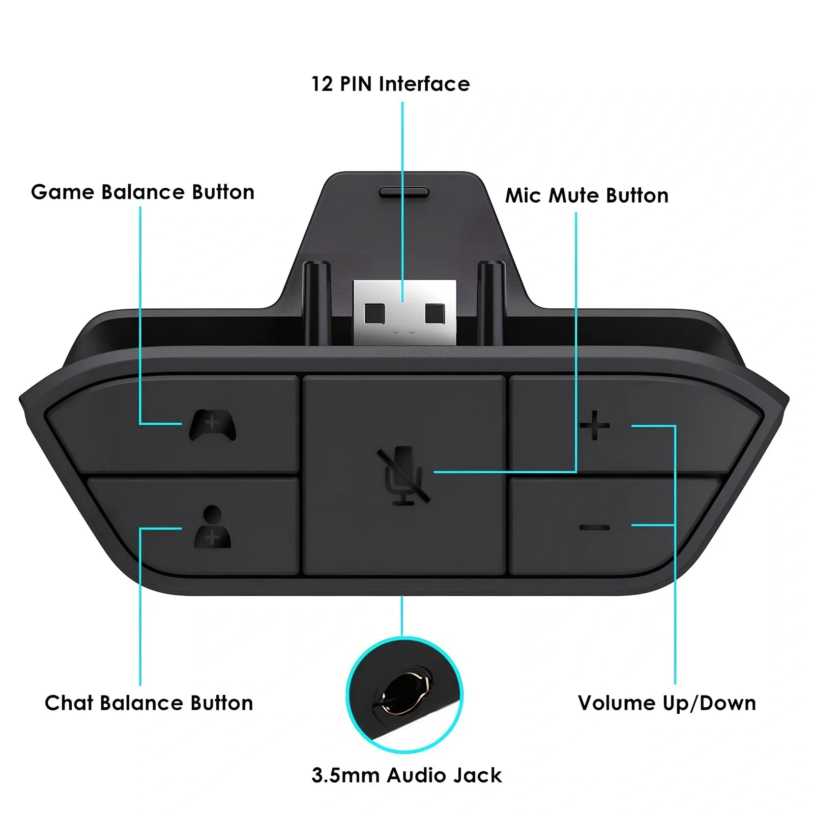 Black XBOX ONE headphone adapter converter with 3.5mm stereo interface, sized 8x5x2.5 cm for single headset use