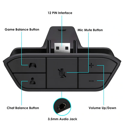 Black XBOX ONE headphone adapter converter with 3.5mm stereo interface, sized 8x5x2.5 cm for single headset use