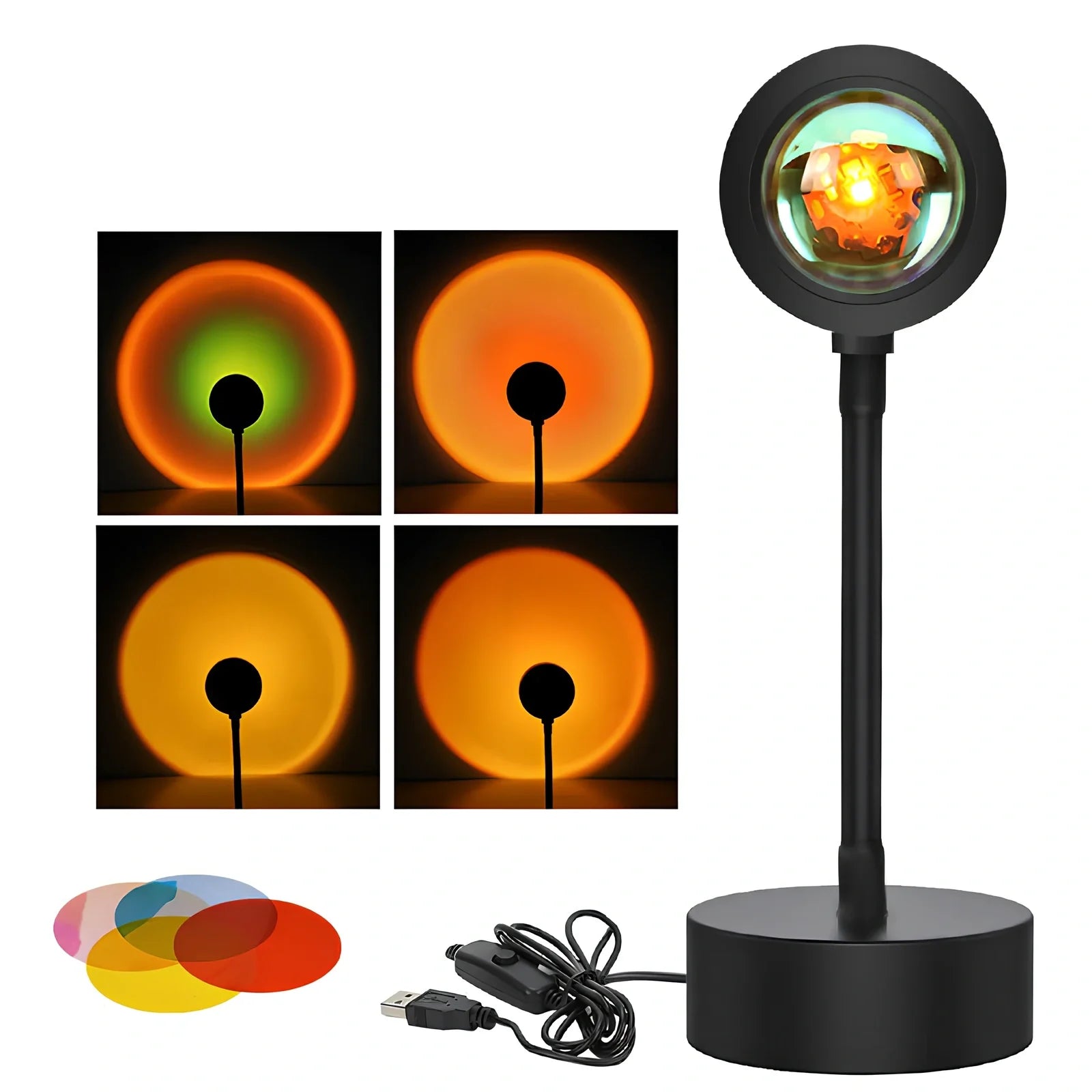 Adjustable sunset projection lamp with iron shell, 80x100x270mm, projecting 4 light modes on wall via USB 5V power