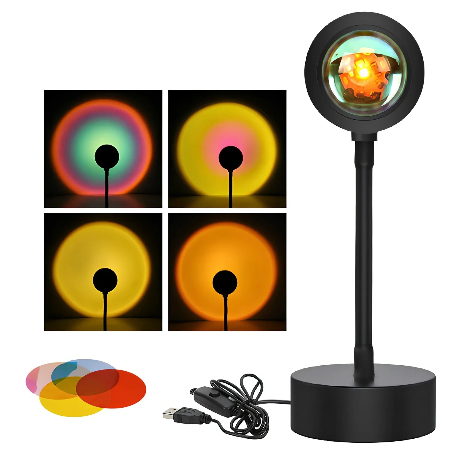 Adjustable sunset projection lamp with iron shell, 80x100x270mm, projecting 4 light modes on wall via USB 5V power