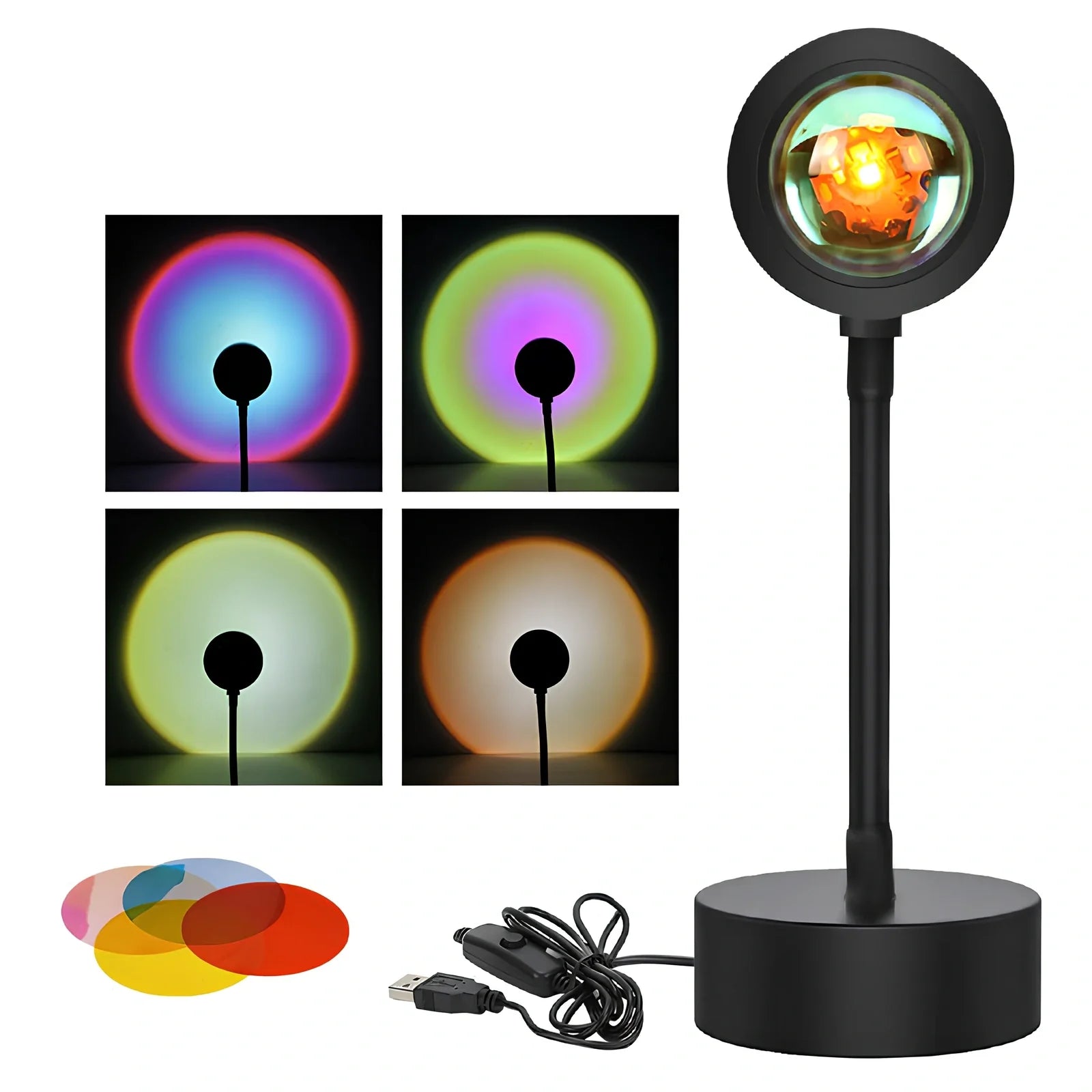 Adjustable sunset projection lamp with iron shell, 80x100x270mm, projecting 4 light modes on wall via USB 5V power