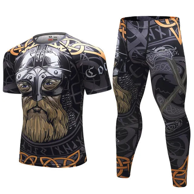 Mens animal print compression tracksuit set with T-shirt and pants in colour option 1