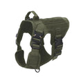 Tactical dog backpack vest in army green made from 1000D military nylon, side view on a grassy background