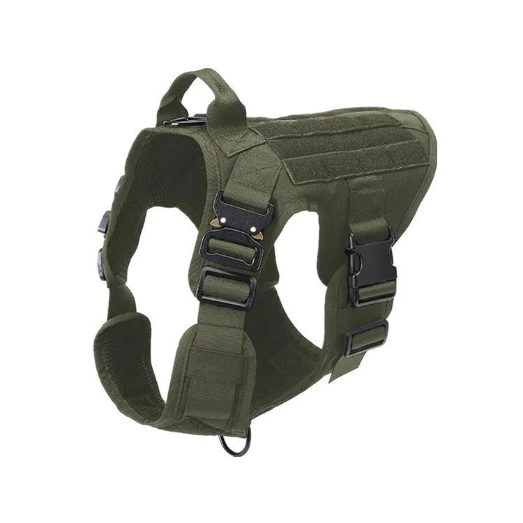 Tactical dog backpack vest in army green made from 1000D military nylon, side view on a grassy background