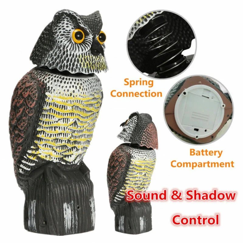 Realistic 360-degree rotation owl decoy for garden pest control and decoration