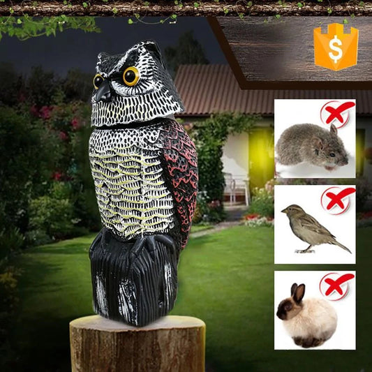 Realistic 360-degree rotation owl decoy for garden pest control and decoration