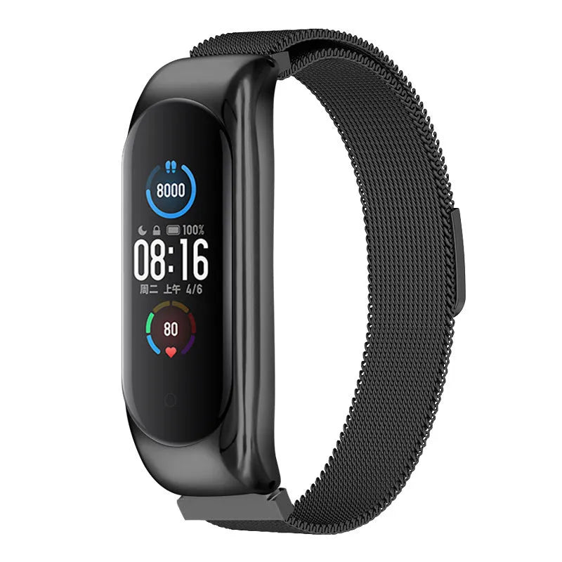 Solid three-bead metal wristband for Xiaomi Mi Band 5, 3 and 4 fitness trackers.