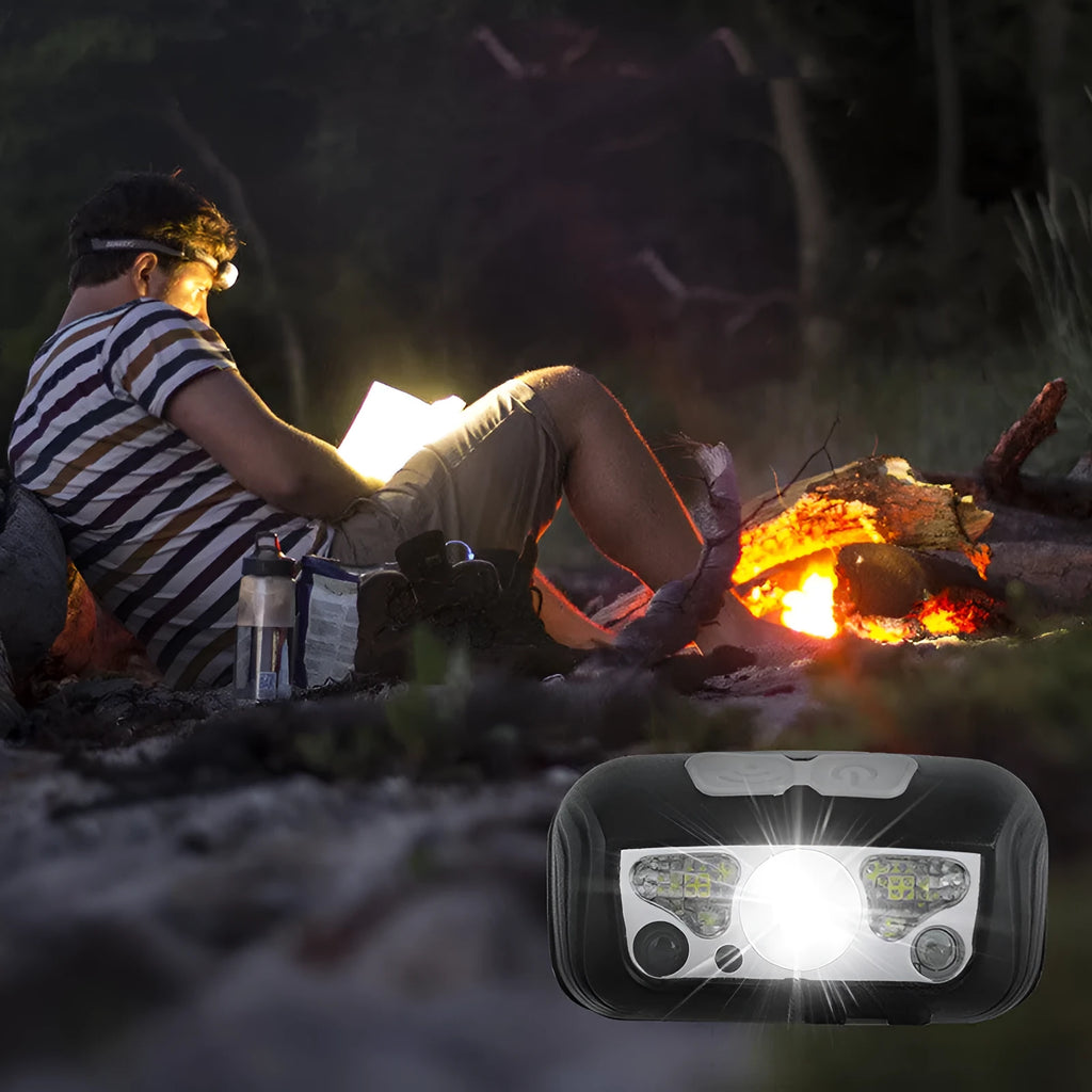 USB rechargeable sensor headlight with white LED and red running lights in black or blue colour
