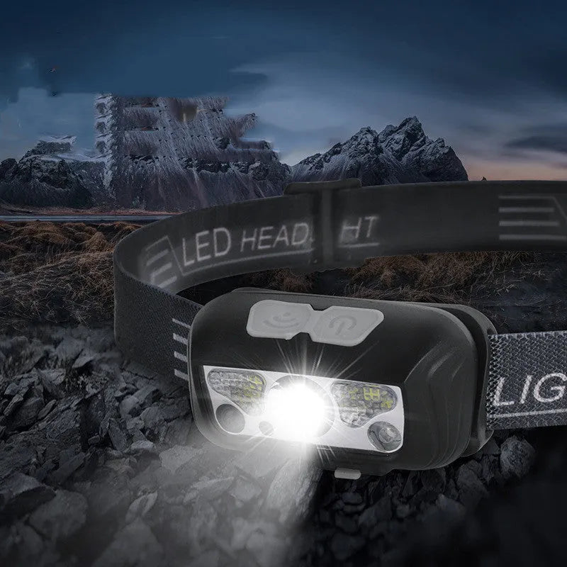 USB rechargeable sensor headlight with white LED and red running lights in black or blue colour