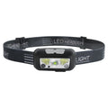 USB rechargeable sensor headlight with white LED and red running lights in black or blue colour