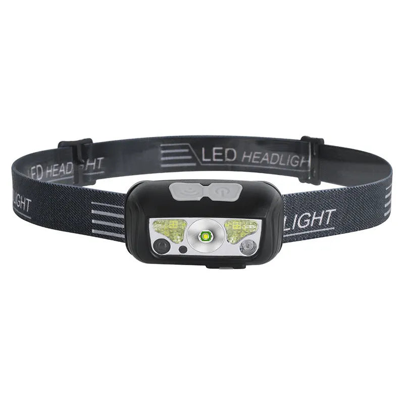 USB rechargeable sensor headlight with white LED and red running lights in black or blue colour