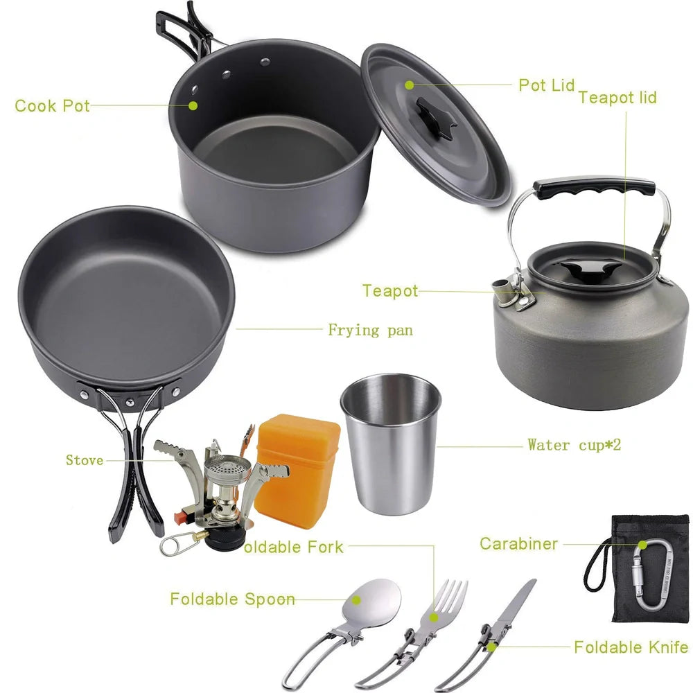Camping portable cooker set with teapot, frying pan, and nested cookware components showing compact storage