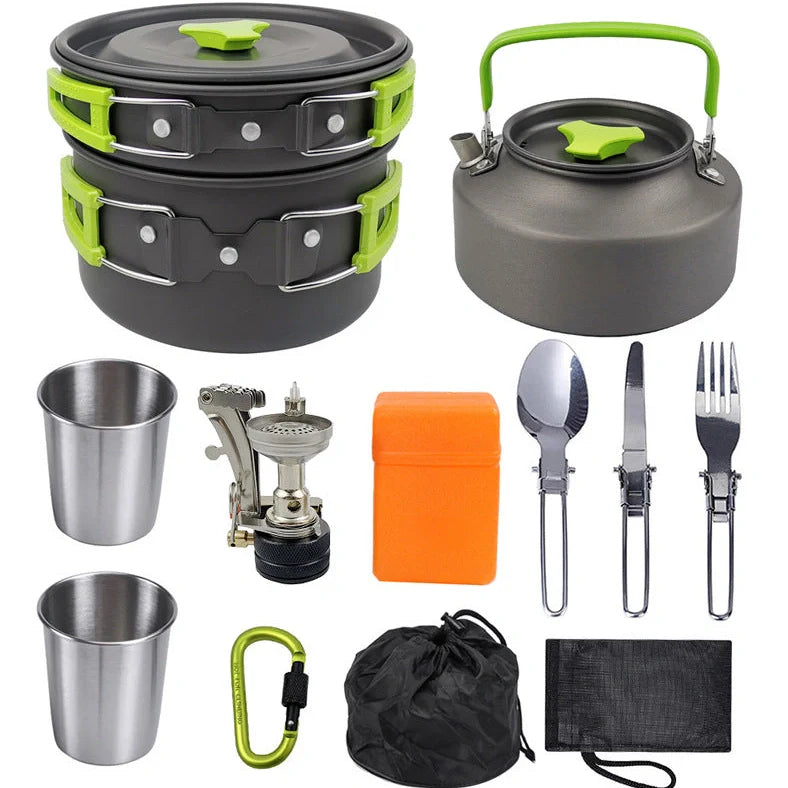 Camping portable cooker set with teapot, frying pan, and nested cookware components showing compact storage