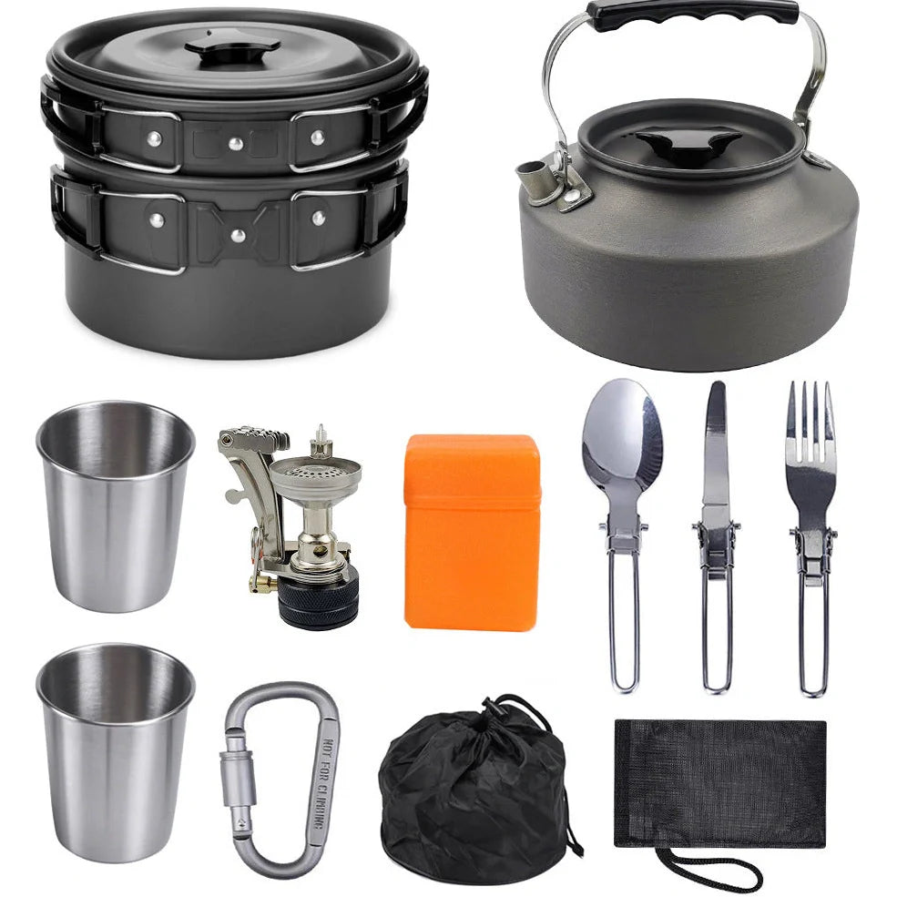 Camping portable cooker set with teapot, frying pan, and nested cookware components showing compact storage