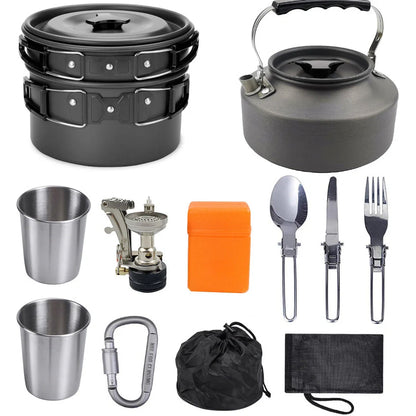 Camping portable cooker set with teapot, frying pan, and nested cookware components showing compact storage