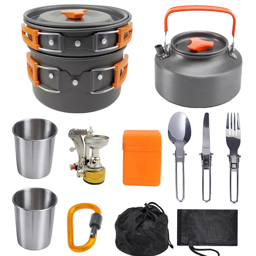 Camping portable cooker set with teapot, frying pan, and nested cookware components showing compact storage