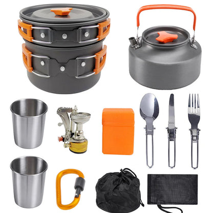 Camping portable cooker set with teapot, frying pan, and nested cookware components showing compact storage