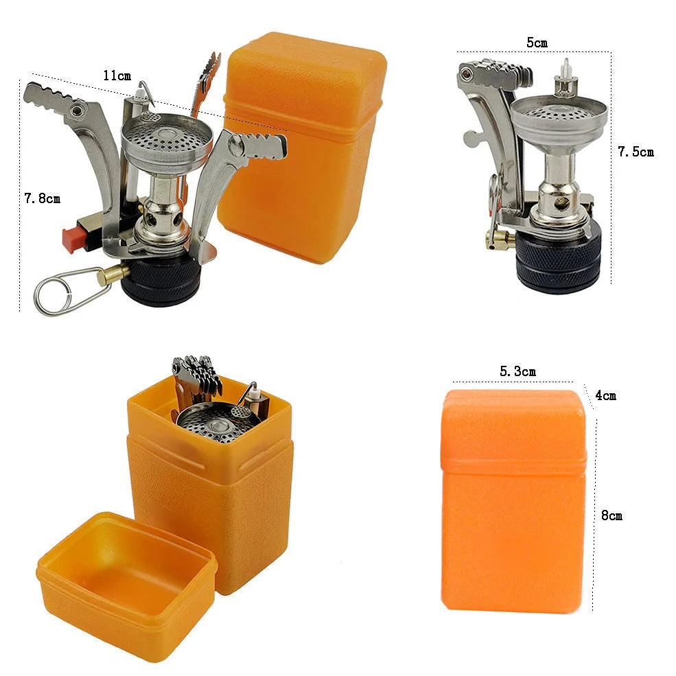 Camping portable cooker set with teapot, frying pan, and nested cookware components showing compact storage