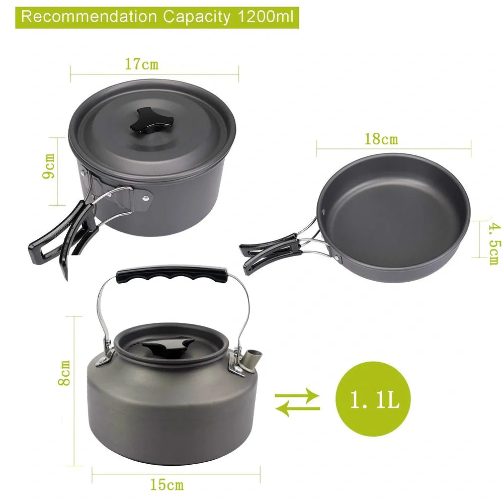 Camping portable cooker set with teapot, frying pan, and nested cookware components showing compact storage