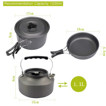 Camping portable cooker set with teapot, frying pan, and nested cookware components showing compact storage