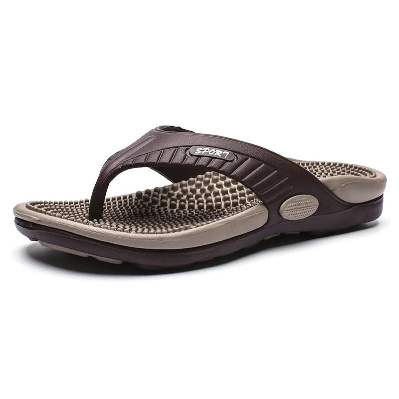 Flat slippers in khaki colour with rubber plastic outsole for indoor and outdoor wear