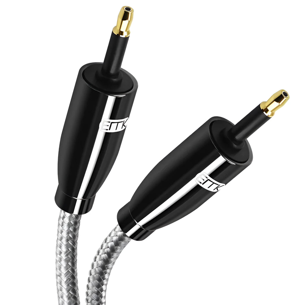 EMK Mini Toslink optical audio cable 3.5mm black with gold-plated plugs coiled on white background