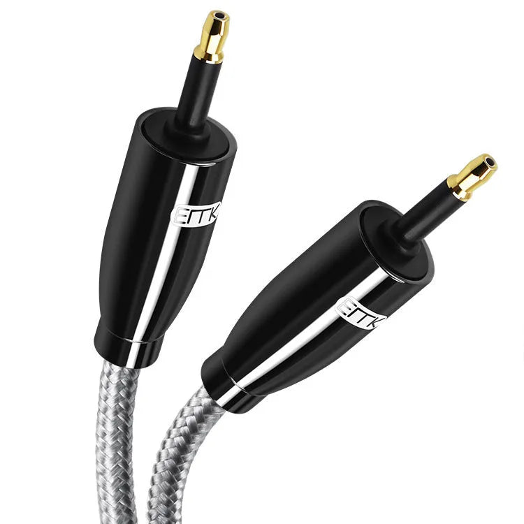 EMK Mini Toslink optical audio cable 3.5mm black with gold-plated plugs coiled on white background