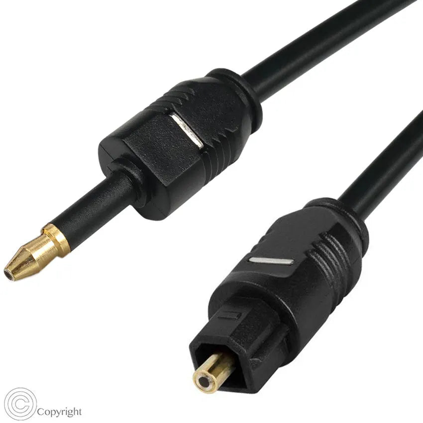 EMK Mini Toslink optical audio cable 3.5mm black with gold-plated plugs coiled on white background