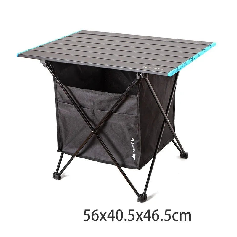 Folding table storage bag in waterproof Oxford fabric with front pocket, available in two sizes for camping