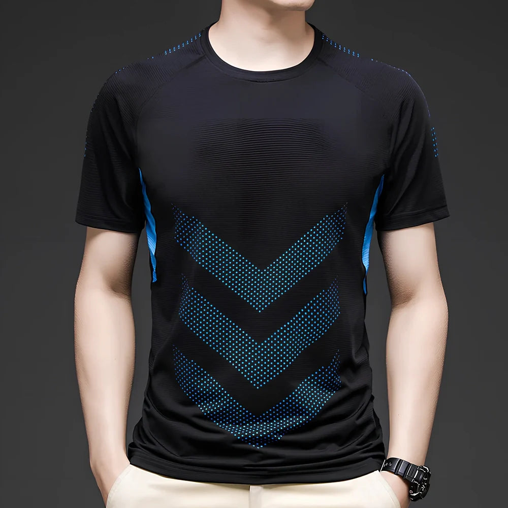 Men's ice silk cotton short sleeve T-shirt in black, quick-drying for running, sizes M-3XL with 65-73cm length