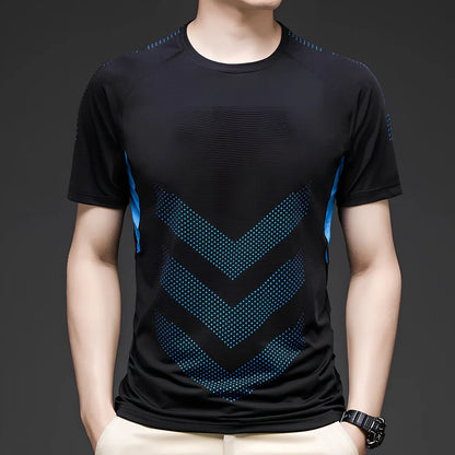 Men's ice silk cotton short sleeve T-shirt in black, quick-drying for running, sizes M-3XL with 65-73cm length