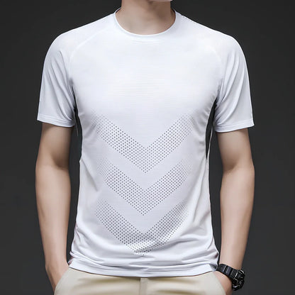 Men's ice silk cotton short sleeve T-shirt in black, quick-drying for running, sizes M-3XL with 65-73cm length