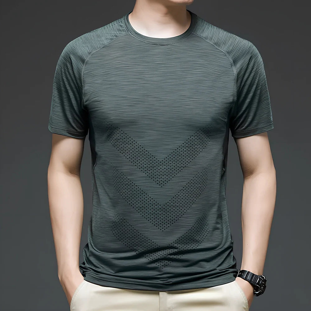Men's ice silk cotton short sleeve T-shirt in black, quick-drying for running, sizes M-3XL with 65-73cm length