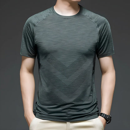 Men's ice silk cotton short sleeve T-shirt in black, quick-drying for running, sizes M-3XL with 65-73cm length