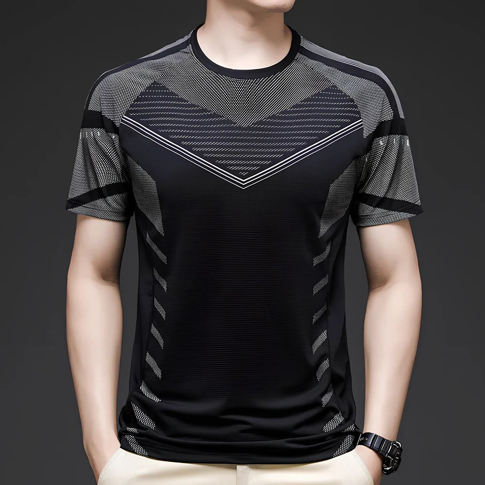 Men's ice silk cotton short sleeve T-shirt in black, quick-drying for running, sizes M-3XL with 65-73cm length