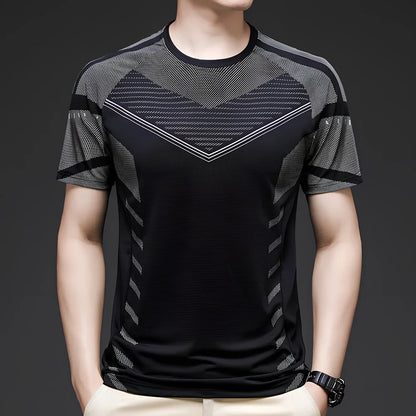 Men's ice silk cotton short sleeve T-shirt in black, quick-drying for running, sizes M-3XL with 65-73cm length