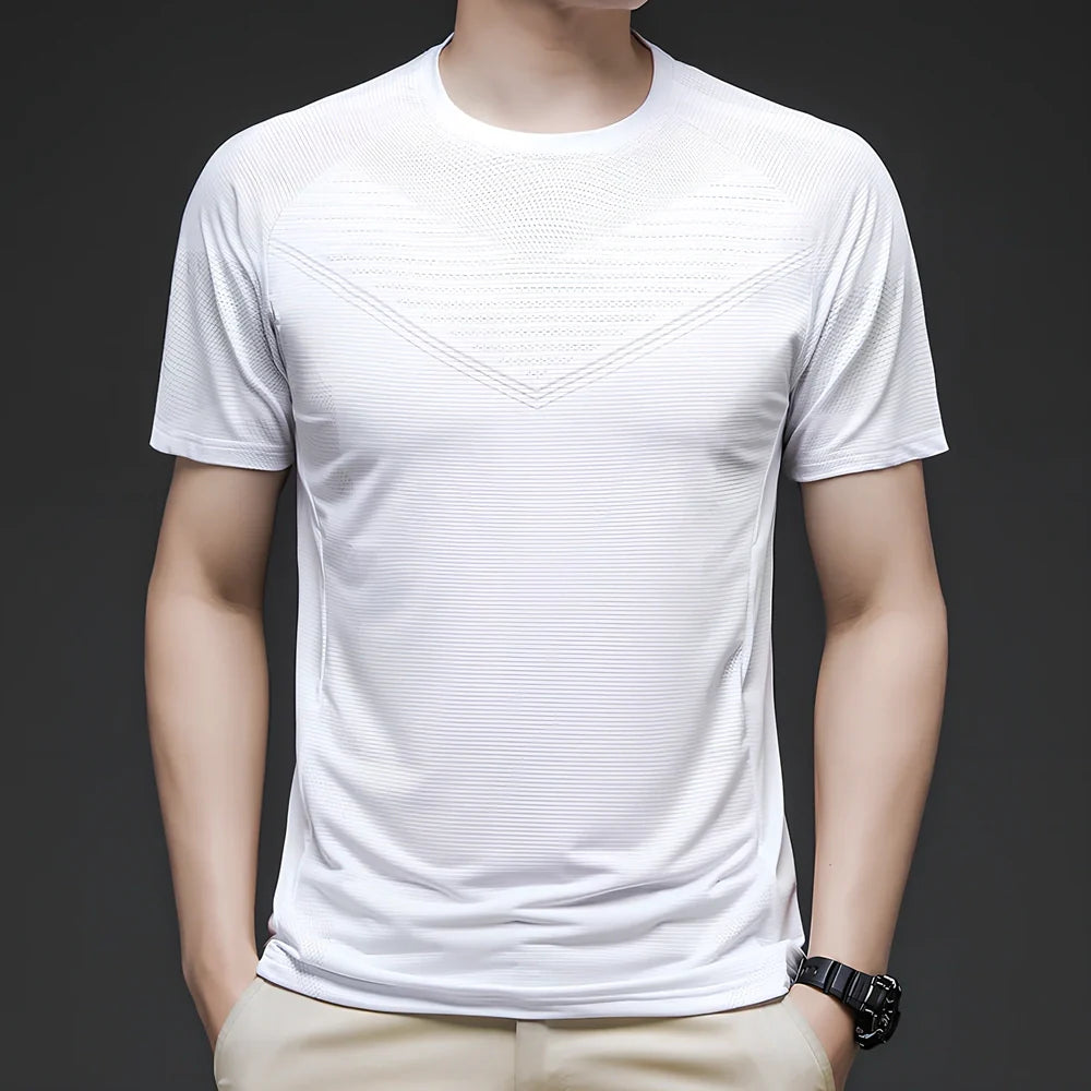 Men's ice silk cotton short sleeve T-shirt in black, quick-drying for running, sizes M-3XL with 65-73cm length