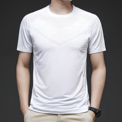 Men's ice silk cotton short sleeve T-shirt in black, quick-drying for running, sizes M-3XL with 65-73cm length