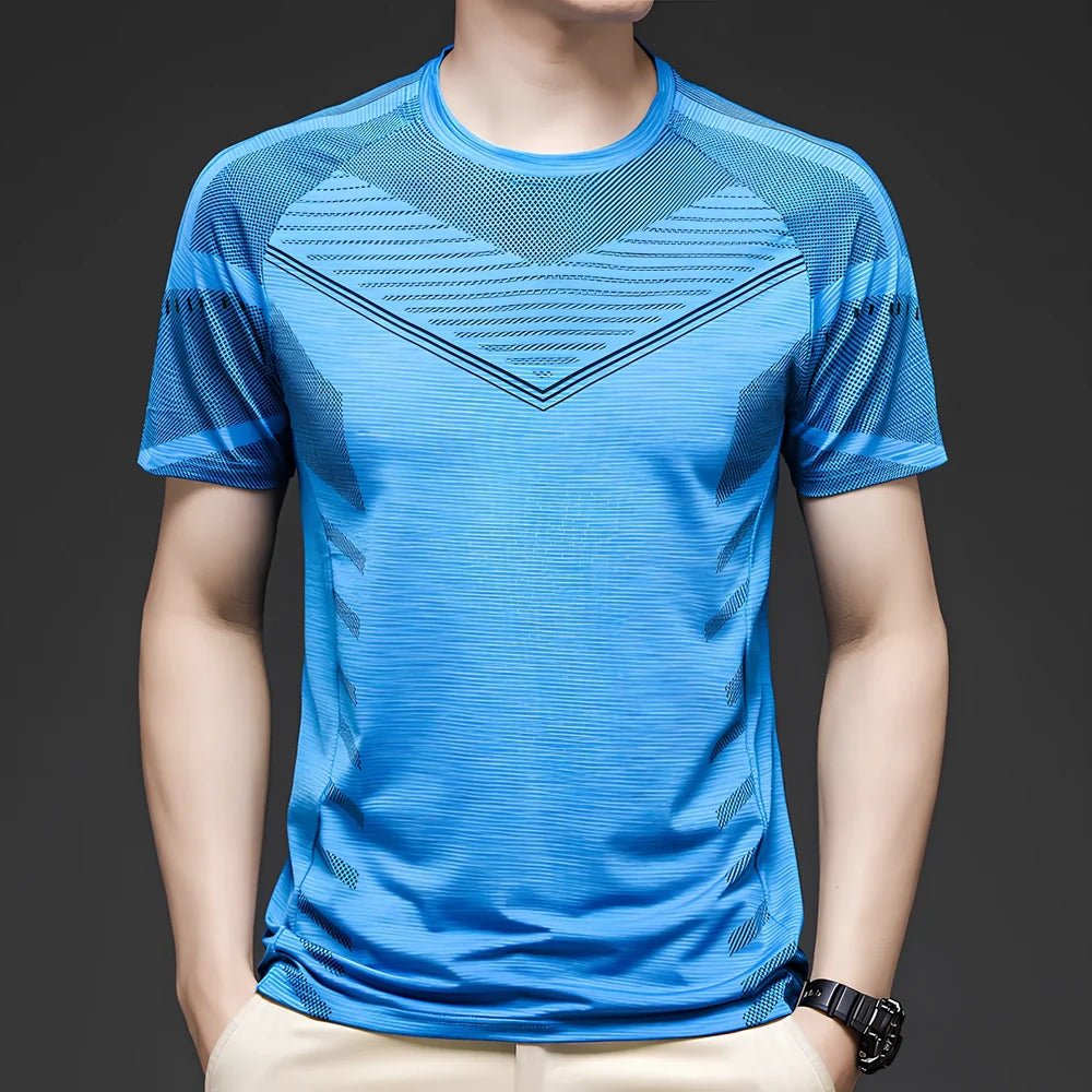 Men's ice silk cotton short sleeve T-shirt in black, quick-drying for running, sizes M-3XL with 65-73cm length